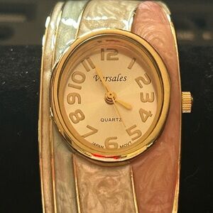 Gold w/ Pink, Cream & Soft Mint enameled bangle hinged Watch/Vintage 🩷Never Worn